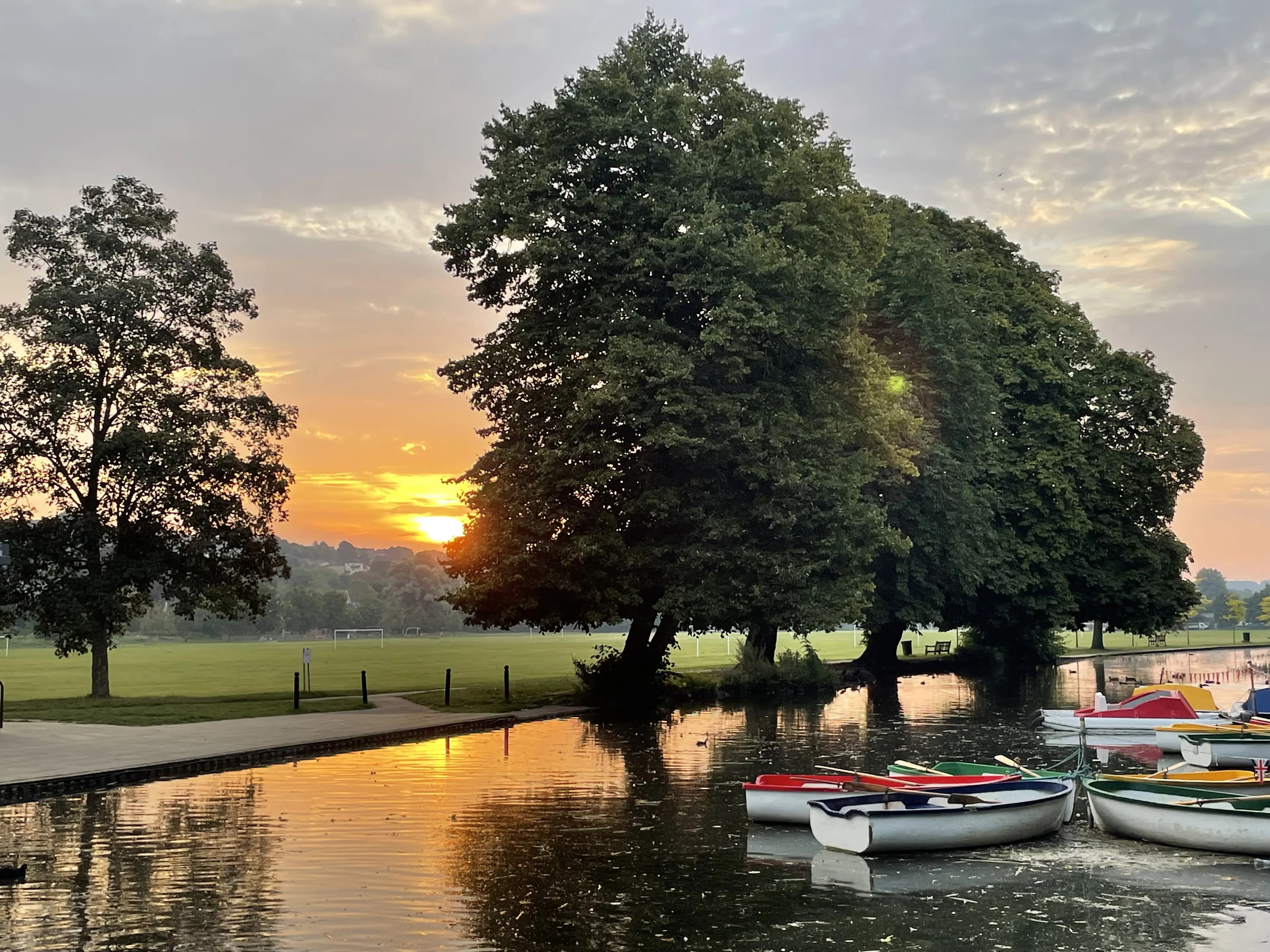 Rye Park at sunset, with trees and boats reflected in the water